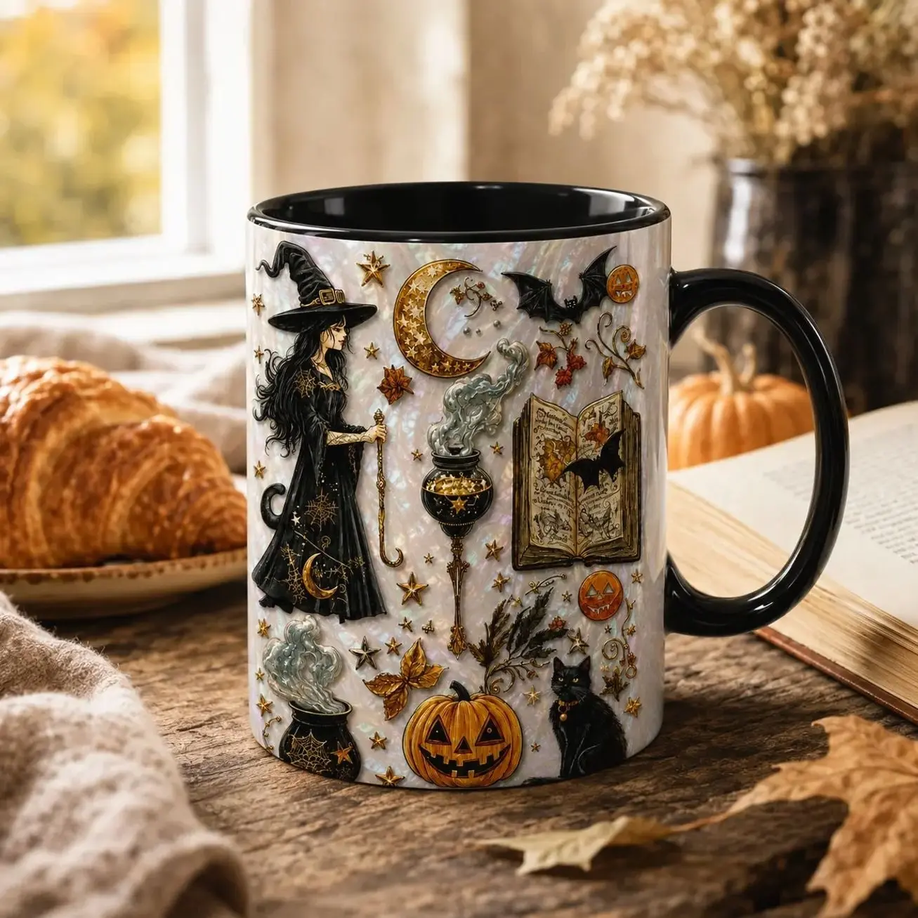3D Halloween Witch Mug, Black Accent Ceramic Coffee Cup with Black Cat, Pumpkin, Moon & Cauldron Design, Witchy Fall Gift for Women