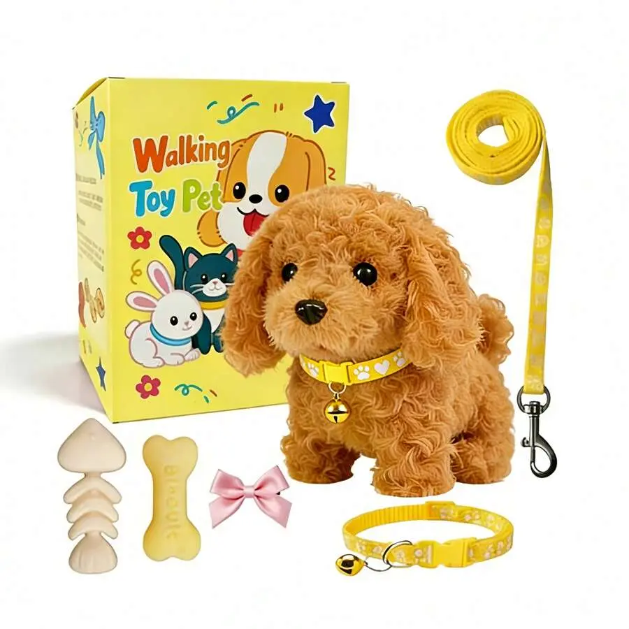 2026 New Interactive Electric Plush Puppy Toy| Walking, Barking & Tail-Wagging Realistic Pet Dog| Soft Plush Material| Includes Leash, Bone & Bow Accessories Set| Perfect Holiday Gift, Birthday Surprise & Early Learning Companion