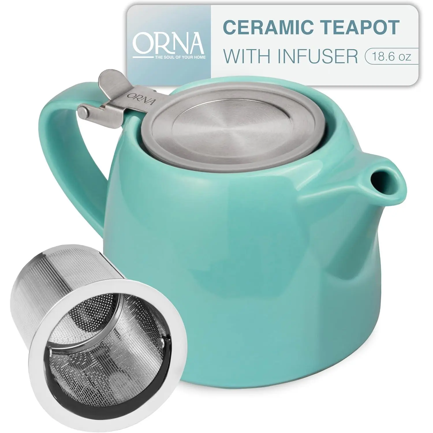 Ceramic Teapot with Tea Infuser – Small Tea Pot for Loose Leaf Tea – 550ml / 18.6 Oz Non-Stove Porcelain Teapot for 2 Cups with Tea Strainer (Turquoise)