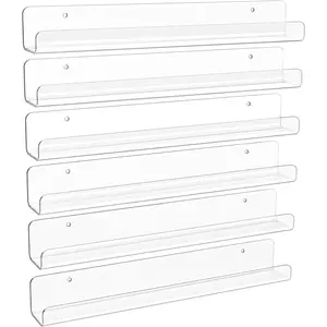 6 Pack Clear Acrylic Shelves, 1.7" x12" Nursery Bookshelves, Small Floating Bookshelf for Kids Baby, Vinyl Wall Mount, Record Holder, Magazine Rack, Comic Display, Picture Ledge Shelf Décor