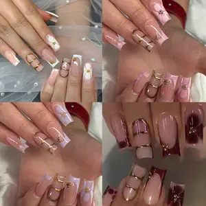 96pcs Medium Square Acrylic Nail Tips Set, Fall Winter Colors, French Leopard Design, Includes Storage Box, for Women and Girls, French Nail Art