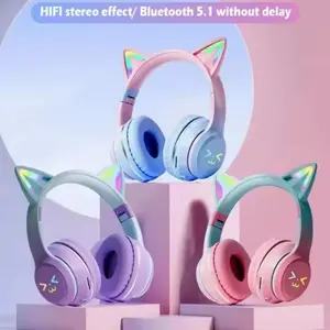 Gradient Wireless Cat Ear Headphones with RGB Lights, Bluetooth 5.0, Built-in Mic for Music & Gaming, Stereo Sound, Perfect Gift for Girls and Kids