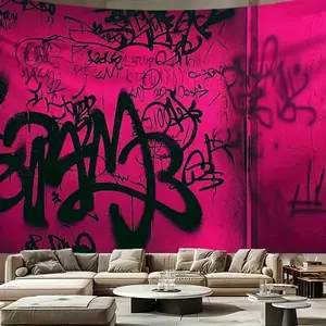 1 Piece Large Size Bright Pink and Black Graffiti Tapestry - Vintage Art Print Urban Street Style Decoration, Suitable for Bedroom, Office, Dormitory - No Power Required Polyester Fiber Wall Decor stylish home accessory outdoor tapestry