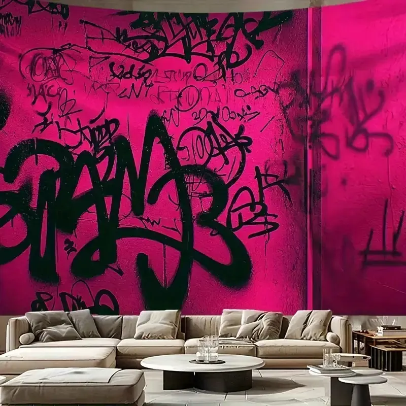 Bright Pink and Black Graffiti Tapestry, 1 Piece Large Size Vintage Art Print, Urban Street Style Polyester Wall Decor, Stylish Home Accessory for Bedroom, Office, Dormitory, Indoor & Outdoor Use summerwins, Graphic, One-Piece