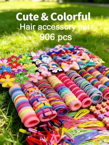 906/907pcs Colorful Cartoon Unicorn Series Girls' Hair Accessories Gift Set: includes hundreds of hair accessories—cartoon clips, bow rings, star clips, hair claws, high-elasticity bands—for daily styling, performances, kids' gifts. Optional storage box.