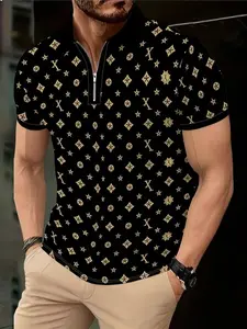 Men'S Fashion Zip Polo Shirt Summer New Trendy Printed Lapel Short Sleeve T-Shirt Business Casual Versatile Breathable Top Youth Slim Fit Half Sleeve Undershirt Daily Commute Outerwear Women'S