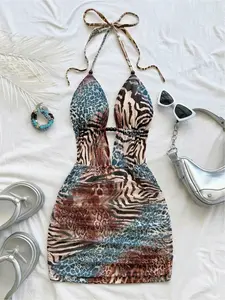 Women's retro tie-dye abstract leopard print and zebra print deep V-neck back lace-up waist ruched bodycon mini dress, sexy and stylish, suitable for vacations and dates