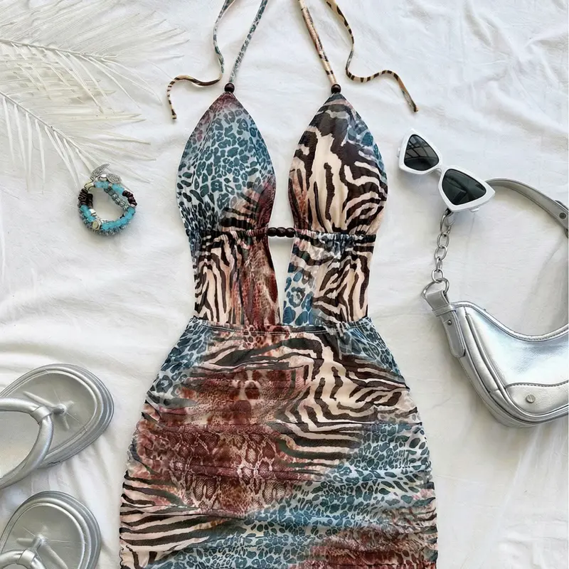 Women's Retro Tie-Dye Abstract Leopard and Zebra Print Deep V-Neck Back Lace-Up Ruched Bodycon Mini Dress, Bohemian Sundress, Sleeveless Boho Summer Style for Vacations and Dates