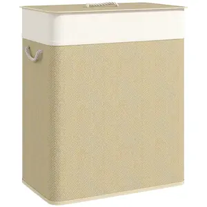HOMCOM Double Laundry Basket with Lid, 26.4 Gallon Bamboo Laundry Hamper with Rope Handles, Clothes Hamper with Removable Liner for Bathroom, Bedroom, Natural