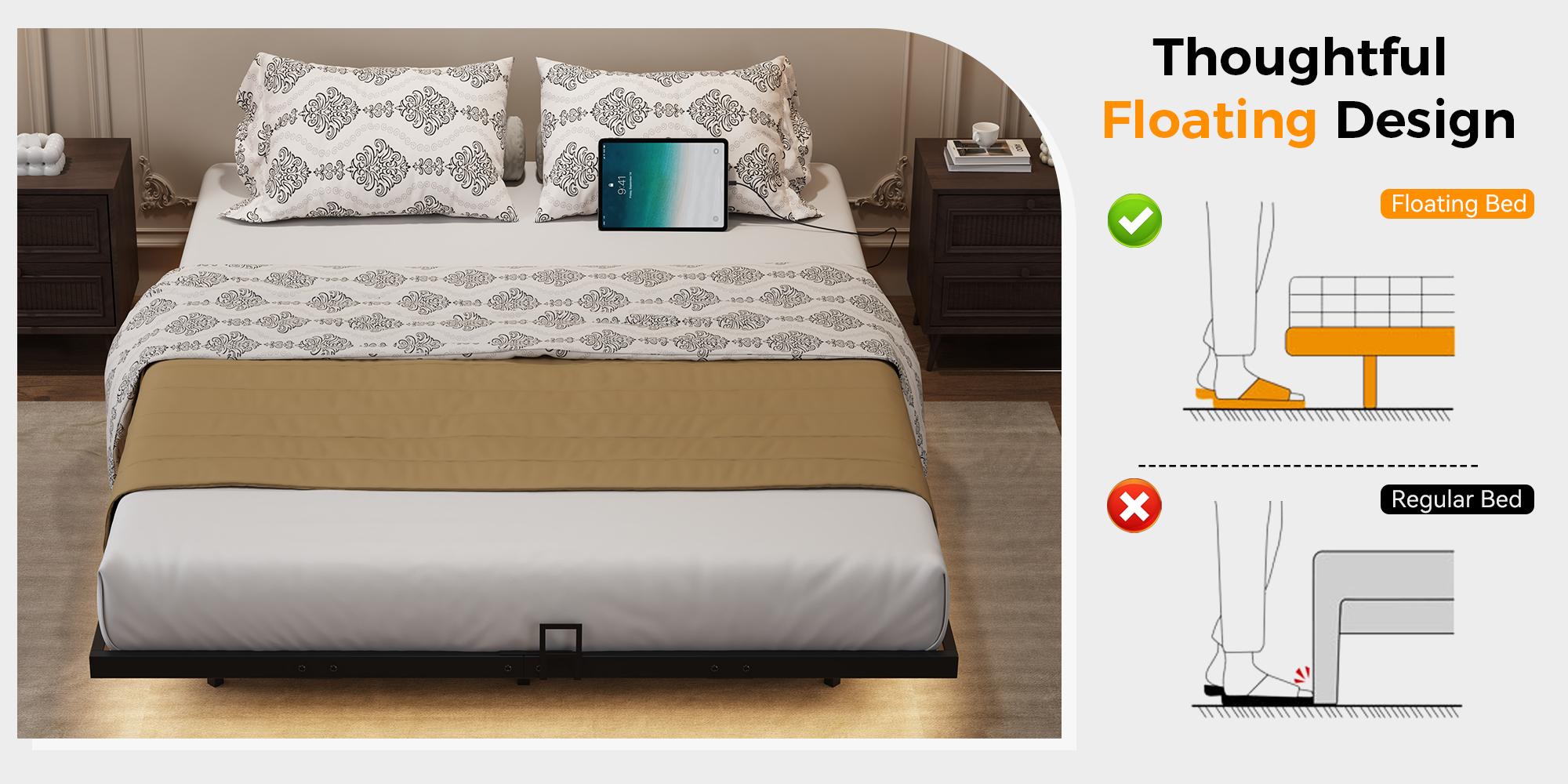 Floating Bed Frame, Metal Platform Bed Frame with LED Lights, Charging Station with 2 Outlets & USB Ports, No Box Spring Needed, Anti-Sliding, Noise Free, Easy Assembly