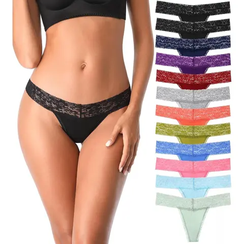 Women's Seamless Lightweight Cotton Thongs Multipack - Hollow Sheer Lace Patterned Underwear with Floral Trim, Smooth Under Tees, Comfy Breathable Underwear for Women, Hand Wash Friendly