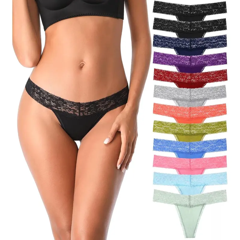 Women's Seamless Lightweight Cotton Thongs Multipack - Hollow Sheer Lace Patterned Underwear with Floral Trim, Smooth Under Tees, Comfy Breathable Underwear for Women, Hand Wash Friendly