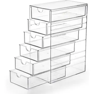 Hipiwe Plastic Drawer Organizer Clear Desktop Drawers Box with 6 Pull Out Drawer Compact Storage Box for Cabinet Vanity Bathroom Bedroom Pantry Shelf Office Closet Organization