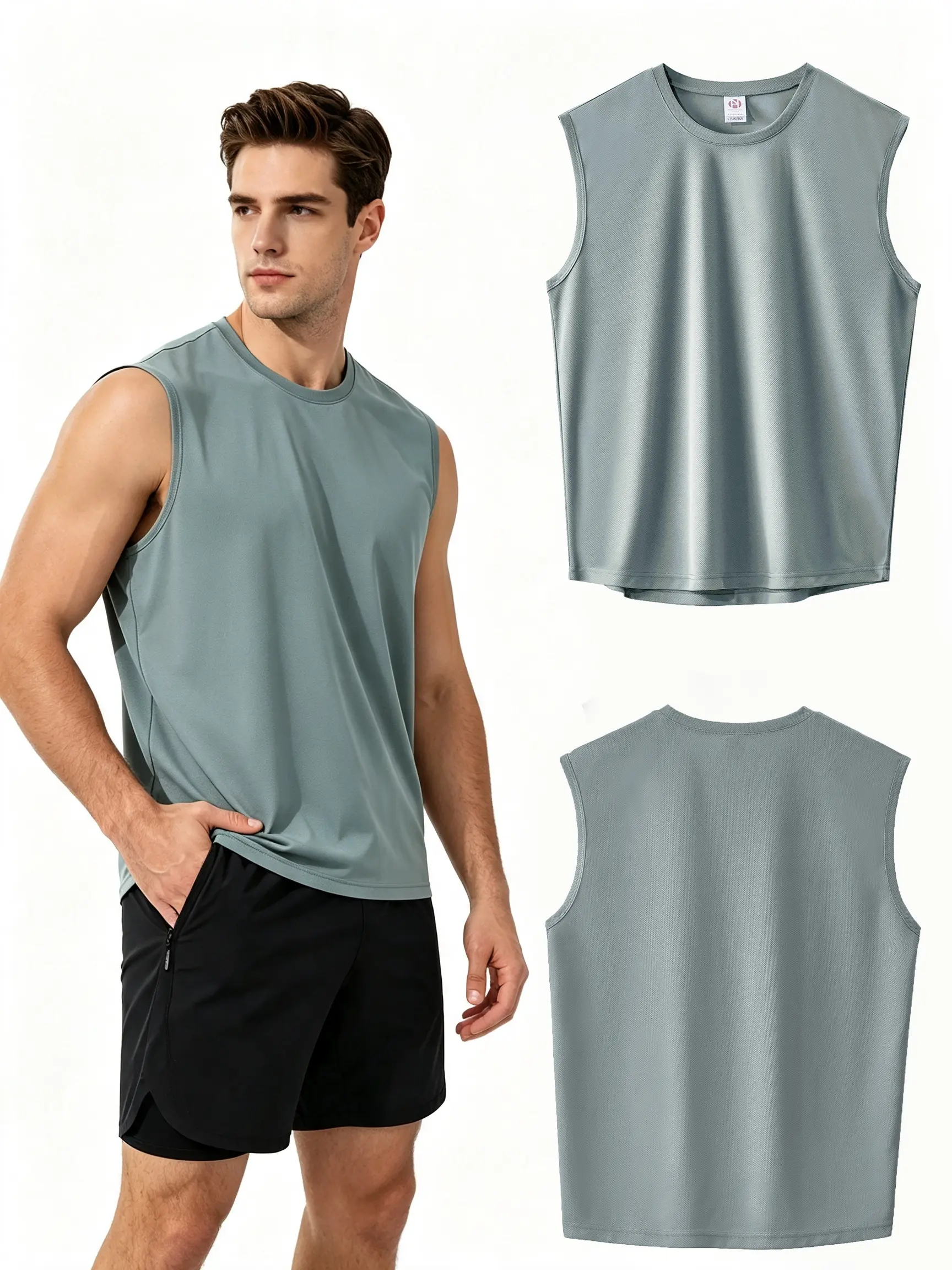 Male Polyester Quick-Dry Breathable Stretch Sleeveless Gym Training Tank Top, Moisture-Wicking Machine-Washable Athletic Vest for Running/Cycling Daily Wear, Machine Wash, Stretch Fit, Cycling/Gym, Gym/Running