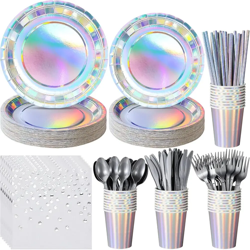 Iridescent Shiny Disposable Tableware Set - 6.5x6.5in Plates, 7in Cups, Napkins, Knives, Spoons, Forks, Straws for Mermaid Birthday, Wedding (Serves 50)