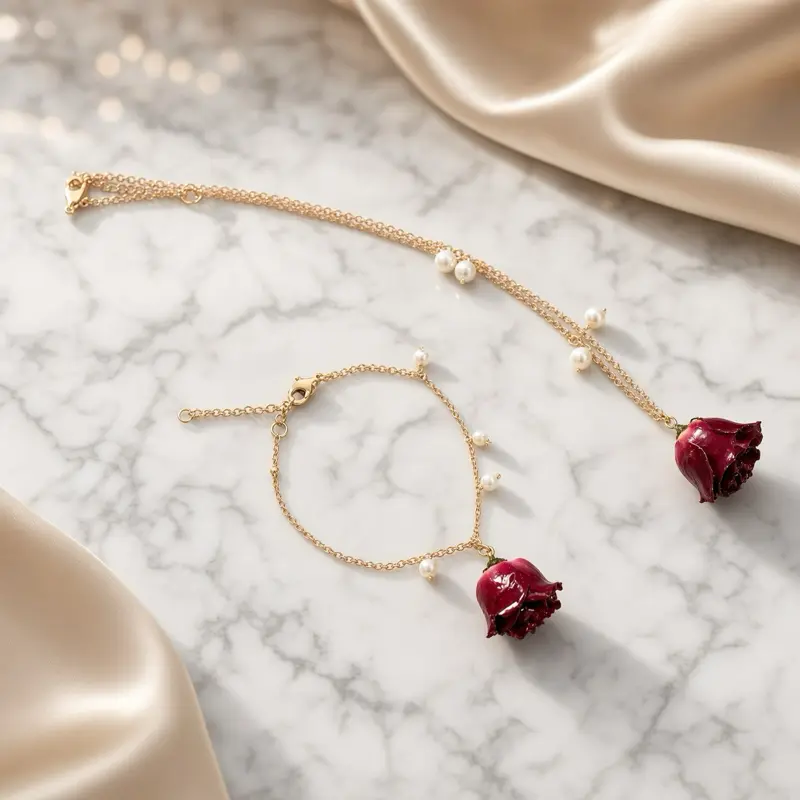 Handmade Real Preserved Rosebud Pearl Bracelet , 14K Gold Filled Chain, Natural Flower Pendant, Romantic Gift for Her, Anniversary Gift, Birthday Gift, Bridesmaid Bracelet , Elegant Floral Jewelry, Eternal Rose Necklace, Pearl Accent Bracelet