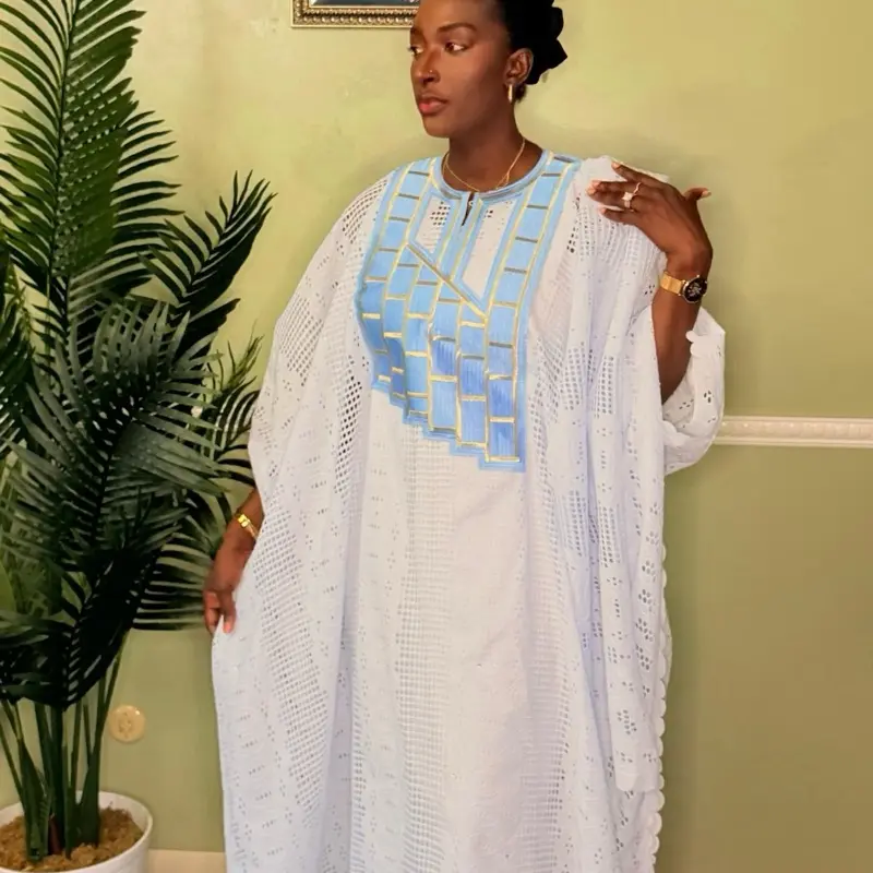 Women's Ivory Sky Couture Senegalese Boubou Dress - Embroidered, Classy, Elegant White Bridal, Casual, Everyday Lightweight Modest Fashion Inspo Womenswear