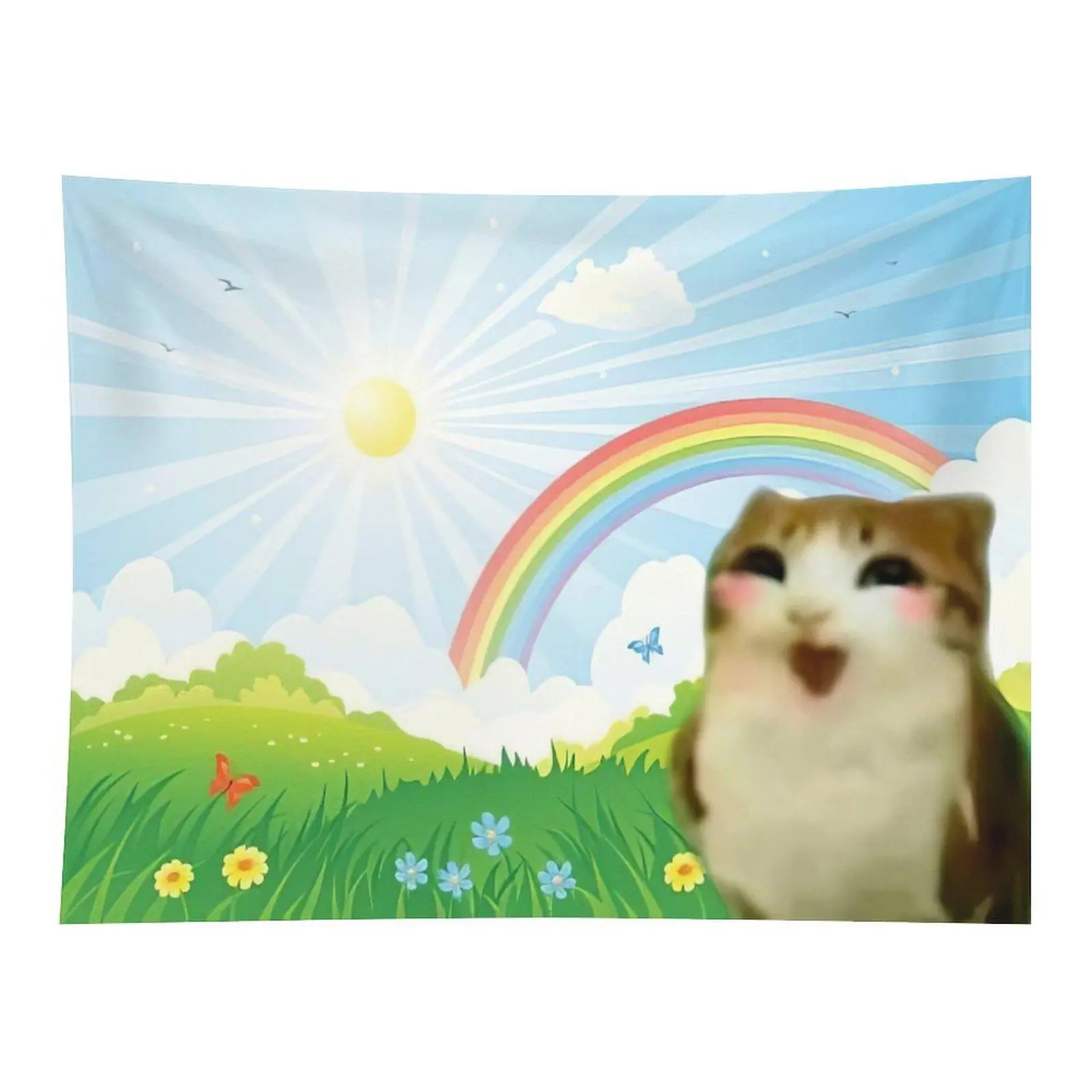 Happy Meme Cat Rainbow Sunshine Grassland Wall Tapestry Cute Funny Cartoon Aesthetic Background Cloth Lovely Decor for Bedroom Dorm