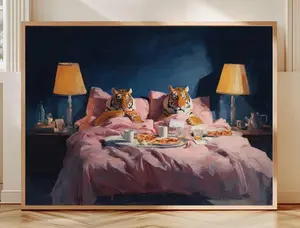 [SALE UP TO 50% + FREE SHIP] Two Tigers Eating Pizza in Bed Whimsical Oil Painting Print Bold Pop Art Animal Decor Cozy Bedroom Wall Art Quirky Tiger Pizza Party