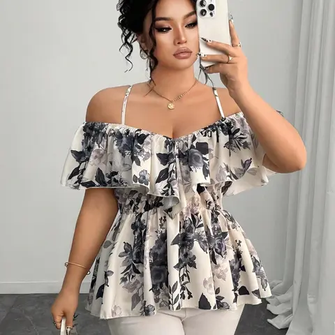 Elegant Chic Casual Ruffle Halter Top, A-Line Hem Blouse for Spring & Summer, Plus Size Fashion Shirt for Women, Fit, Loose Tops