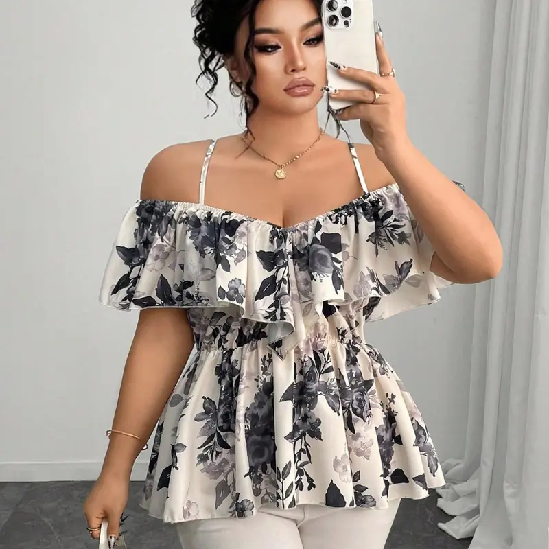 Elegant Chic Casual Ruffle Halter Top, A-Line Hem Blouse for Spring & Summer, Plus Size Fashion Shirt for Women, Fit, Loose Tops