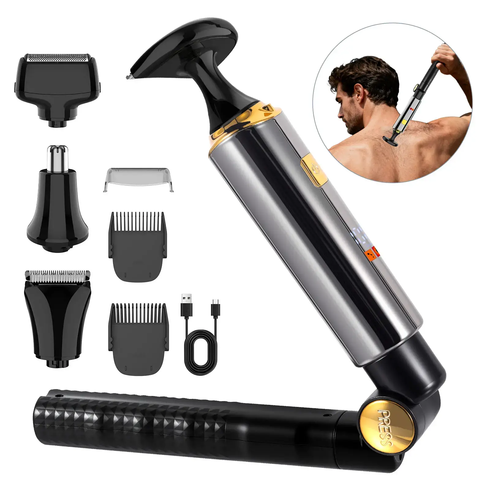 Hatteker 4-in-1 Waterproof Electric Men's Trimmer - Adjustable Smooth Grooming Kit with Extend Arm Tip, Multiple Blades, Built-in Cells for Back & Arms Hair