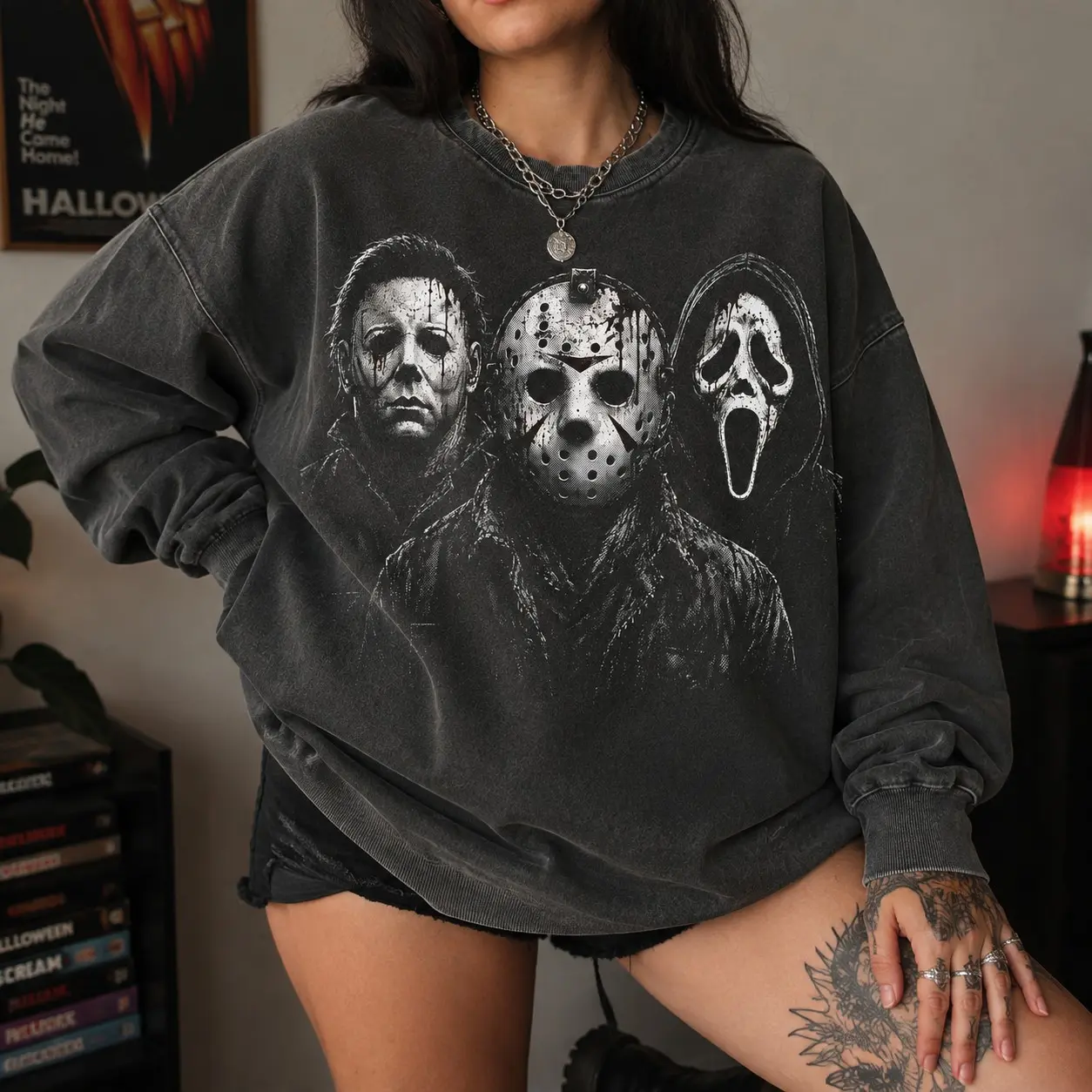 Vintage Trio Horror Characters Sweatshirt G18000, Halftone Halloween Slasher Shirt, Jason Voorhees, Michael Myers Graphic Tee, Spooky Season
