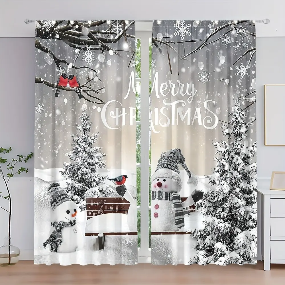 2 pieces, Christmas snowman printed curtains, Window Drapes, designed with holiday pine trees and red bishop birds, pole pocket style, Easy Install, semi sunshade polyester, suitable for home living room, bedroom, balcony window decoration