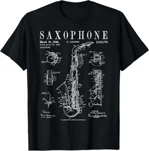 100% Cotton Saxophone Old Vintage Patent Drawing Print T-Shirt