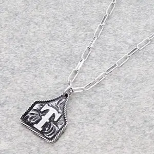 Dainty Initial Cow Tag Necklace with Pendant, Silver Finish, Adjustable Chain