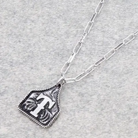 Dainty Initial Cow Tag Necklace with Pendant, Silver Finish, Adjustable Chain