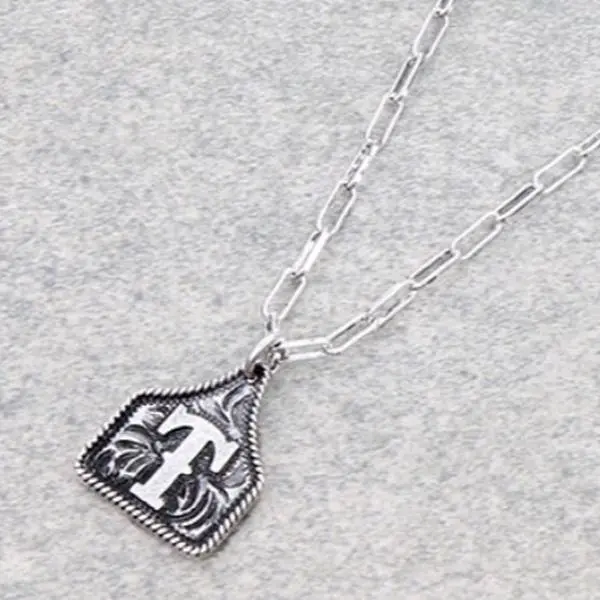 Dainty Initial Cow Tag Necklace with Pendant, Silver Finish, Adjustable Chain