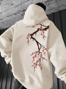 Men's Floral Print Drop Shoulder Hoodie, Fashion Casual Regular Fit Drawstring Pocket Hooded Sweatshirt for Daily Holiday Outdoor Wear, Men Clothes for Fall & Winter