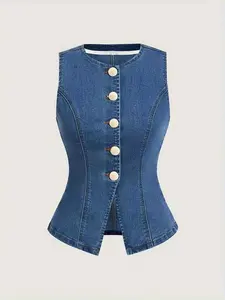 Elegant Lightweight Slim Fit Sleeveless Women's Denim High Stretch Jean Jacket Button, Stylish Casual Wear for All Seasons Vests