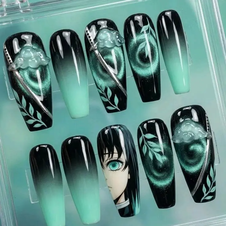 Handmade Muichiro Tokito Inspired Press On Nails | Demon Slayer Cat Eye Galaxy 3D Cloud Sword Anime Fake Nails with FREE Adhesive Tabs FREE Nail File FREE Cuticle Stick