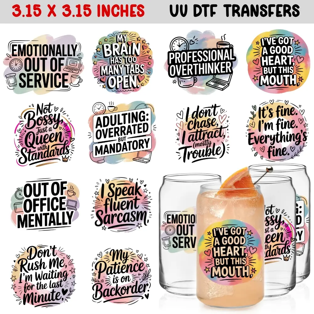 Funny Sarcastic Quotes UV DTF Transfer Stickers Set, Humorous Quotes, 12 Pieces, Irregular Shapes, Humor DIY Decals for Mugs, Coffee Cups, Water Bottles, Reusable Matte Finish, DIY Decal Film