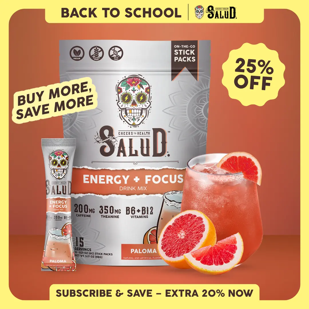 Salud 2-in-1 [Energy + Focus - Paloma] Clean Energy Drink Mix, Agua Fresca, Organic Caffeine, B6 & B12, L-Theanine, Drink Packets, Non-GMO, Gluten Free, Vegan, Low Calorie, 1g Sugar (15 Servings)