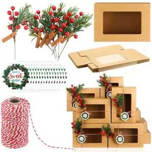 37 Pcs Christmas Cookie Boxes with Window Kraft Pastry Box with Artificial Pine Picks Gift Tags and Cotton Twine DIY Decorative Containers for Pastries, Cookies Gift-Giving Supplies(Rustic)