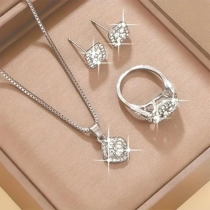 Female 3-Piece Silvery Costume Jewelry Set - Elegant Teardrop Pendant Necklace, Zirconia Stone Earrings & Ring for Party, Weddings, Zirconia Stones