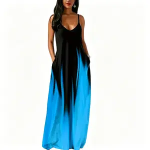 Women's Plus-Size Summer Gradient Print Strappy Maxi Dress - Blended Color Tones, Elegant, Figure-Flattering, Suitable for Commuting, Dates