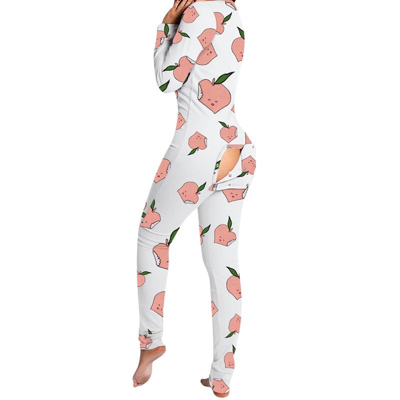 Women's Sleeping Romper, Valentine's Day Pajamas, Long Sleeve V-Neck Printed Loose Detachable Crotch Elastic Home Clothes