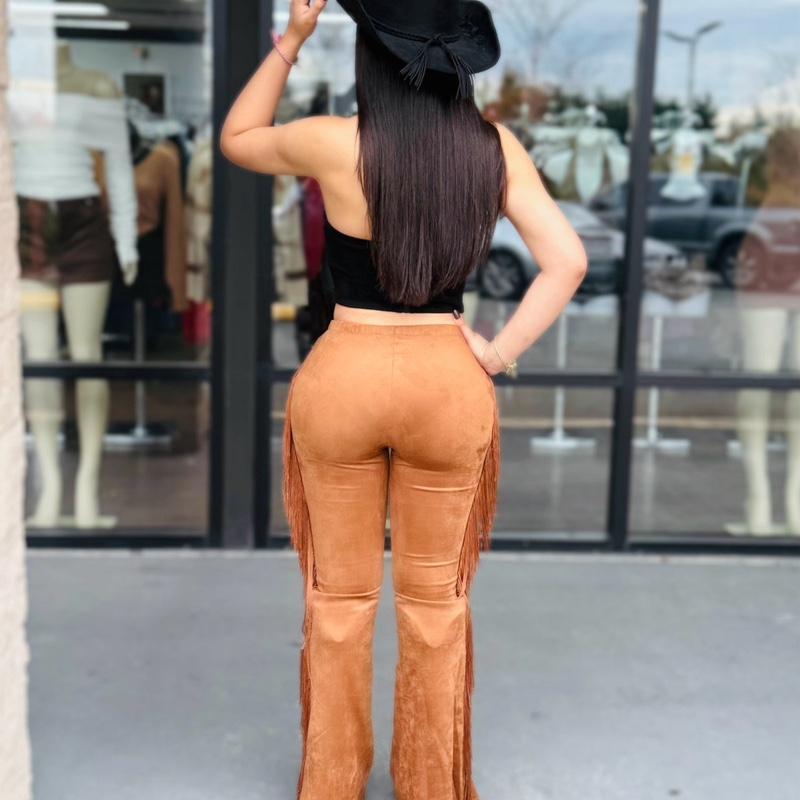 Suede Pants with Fringe Detail - High-Waisted, Flared, and Comfortable for All Seasons