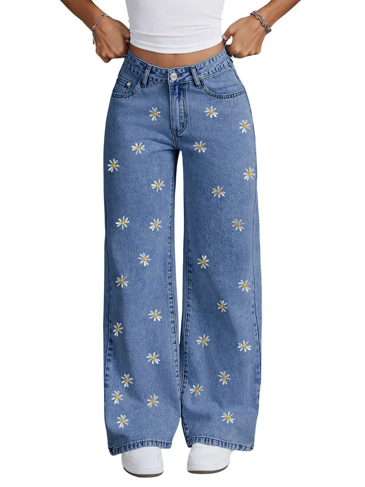 Ebossy Womens Daisy Floral Embroidered Denim Pants Wide Leg High Waist Long Palazzo Trousers with Pockets