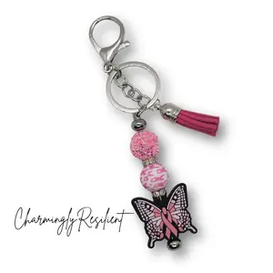 CharminglyResilient Pink Butterfly Keychain with Glitter Beads and Tassel Charm for Breast Cancer Awareness