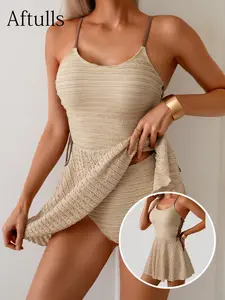 Women's Fashion Solid Tankini Set, Strappy Side Bow Skirt Shorts Swimsuit, Vacation Style Two-Piece Swimwear, Tankini Bathing Suits