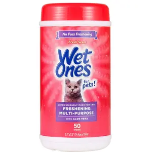Wet Ones for Pets Cat Cleaning Wipes - Fresh Scent Cat Grooming Wipes with Aloe Vera - Safe Cat Hygiene Supplies - Cat Fur Cleaner - Cat Dander Wipes - Kitten Wipes - Pet Cleaning Supplies - 50 Count