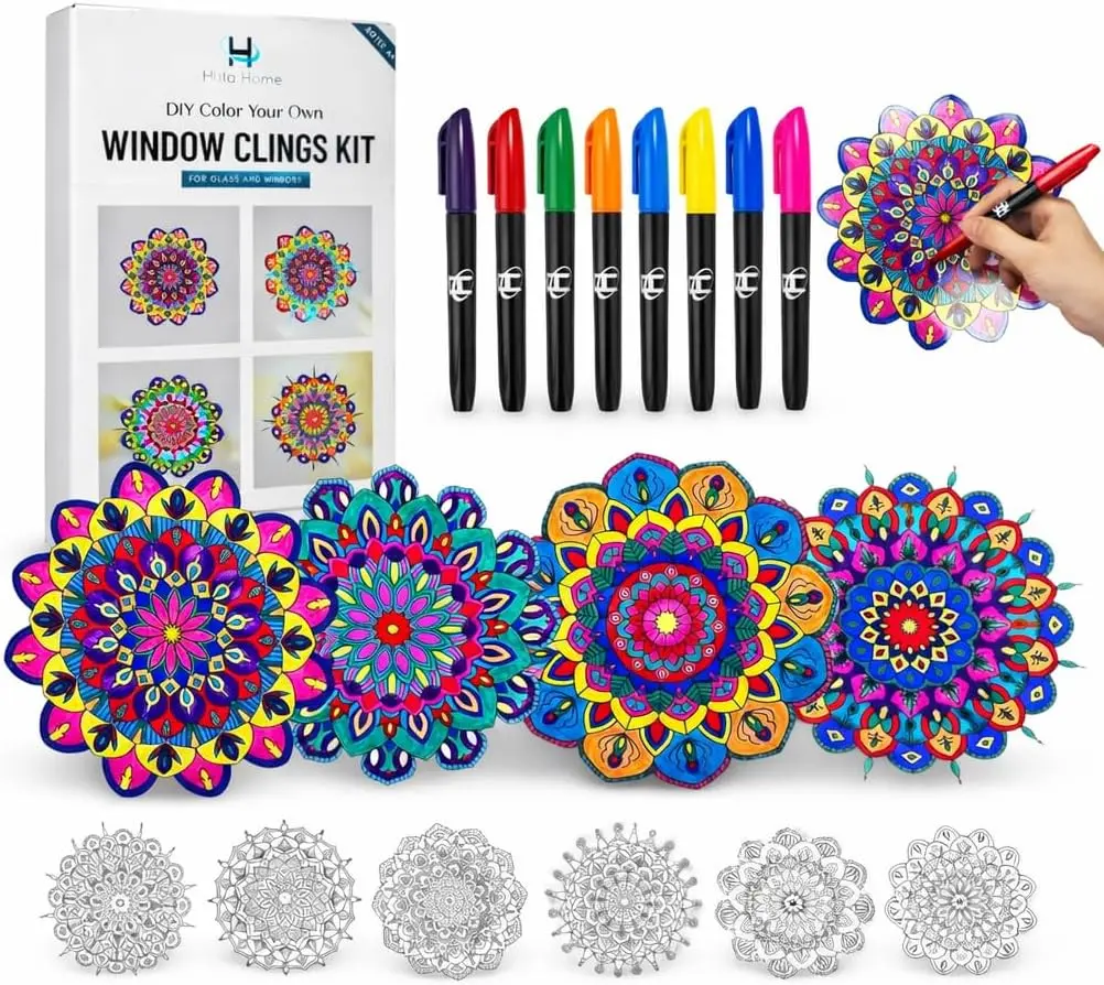 Kids & Adults Stained Glass Painting Kit | DIY Suncatcher Art with Color Markers