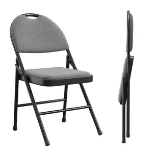 4-Pack Dark Grey Metal Frame Outdoor-Ready Folding Chairs with Padded Cushion, Portable Indoor/Outdoor Event Fabric Dining Seating, Lightweight Foldable Stool