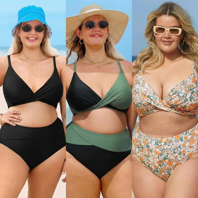 CUPSHE 【Valentine's Day】 High Waisted Bikini Sets for Women 2026: Tummy Control Two Piece Swimsuit with Twist Front V Neck & Adjustable Straps, Size Inclusive XS XXXL Floral Bathing Suits