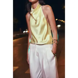 Women's Summer Halter Neck Vest Sleeveless Open Back Solid Color Satin Tank Tops